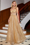 Golden Glitter A-Line Spaghetti Straps Corset Long Ball Dress with Flowers