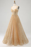 Glitter Golden A-Line Spaghetti Straps Corset Long Ball Dress with Flowers
