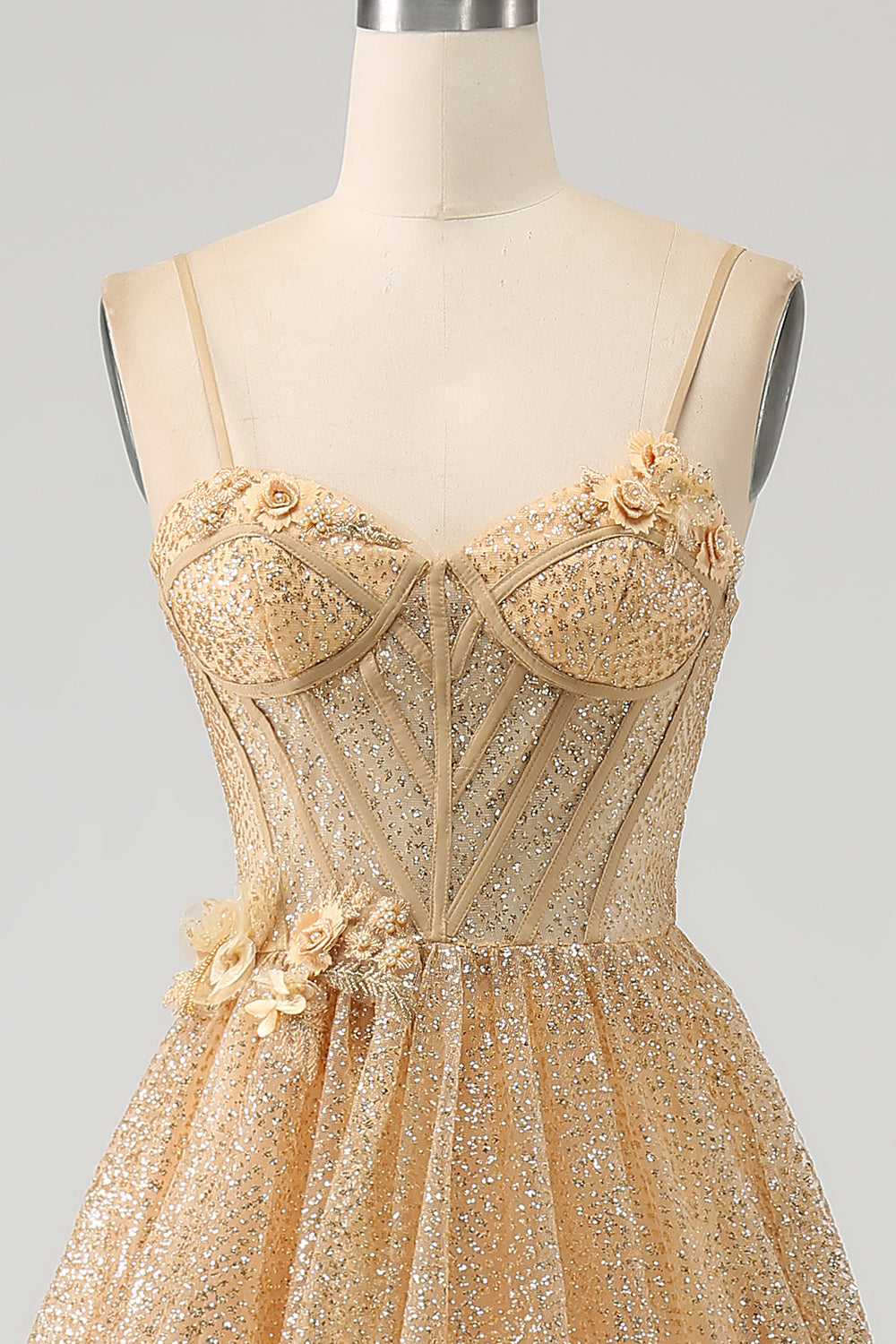Glitter Golden A-Line Spaghetti Straps Corset Long Ball Dress with Flowers