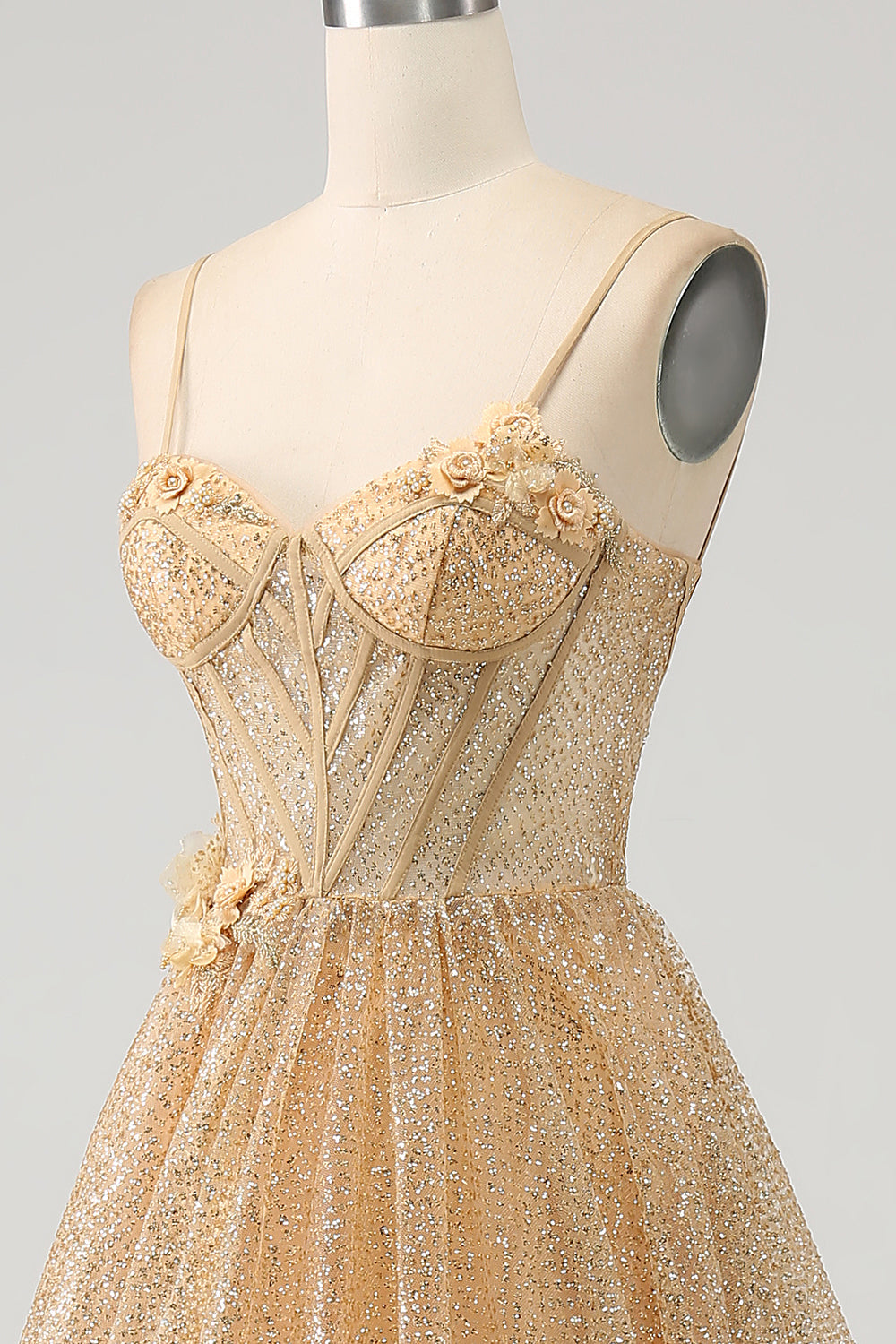 Glitter Golden A-Line Spaghetti Straps Corset Long Ball Dress with Flowers