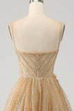 Glitter Golden A-Line Spaghetti Straps Corset Long Ball Dress with Flowers