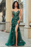 Stunning Mermaid Spaghetti Straps Dark Green Long Ball Dress with Appliques
