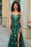 Stunning Mermaid Spaghetti Straps Dark Green Long Ball Dress with Appliques