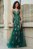 Stunning Mermaid Spaghetti Straps Dark Green Long Ball Dress with Appliques