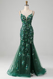 Sparkly Dark Green Mermaid Lace-Up Back Ball Dress with Appliques