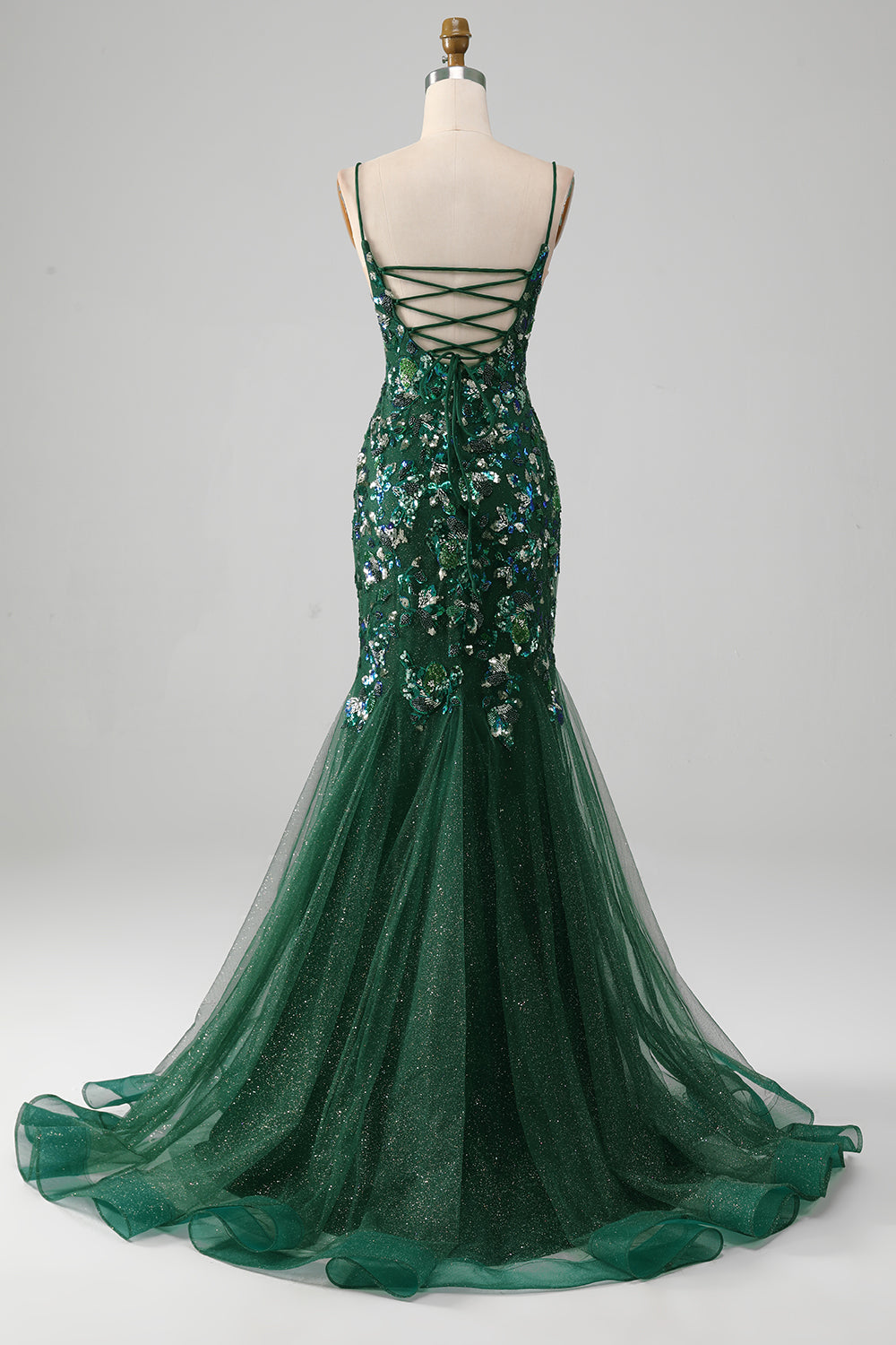 Sparkly Dark Green Mermaid Lace-Up Back Ball Dress with Appliques