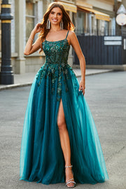 Gorgeous A Line Spaghetti Straps Dark Green Long Ball Dress with Appliques
