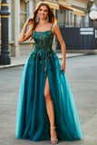 Gorgeous A Line Spaghetti Straps Dark Green Long Ball Dress with Appliques