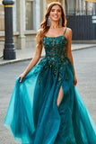 Gorgeous A Line Spaghetti Straps Dark Green Long Ball Dress with Appliques