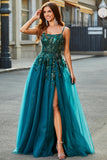 Gorgeous A Line Spaghetti Straps Dark Green Long Ball Dress with Appliques