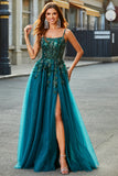 Gorgeous A Line Spaghetti Straps Dark Green Long Ball Dress with Appliques