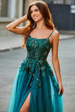 Gorgeous A Line Spaghetti Straps Dark Green Long Ball Dress with Appliques