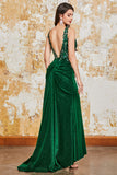 Sparkly Dark Green Mermaid V-Neck Sequin Long Ball Dress with Slit