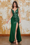 Sparkly Dark Green Mermaid V-Neck Sequin Long Ball Dress with Slit