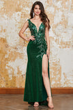 Sparkly Dark Green Mermaid V-Neck Sequin Long Ball Dress with Slit