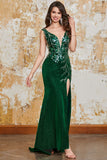 Sparkly Dark Green Mermaid V-Neck Sequin Long Ball Dress with Slit