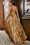Sparkly A-Line V-Neck Silver Mirror Ball Dress with Slit