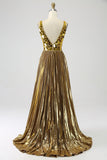 Sparkly A Line Deep V-Neck Golden Long Ball Dress with Split Front