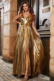 Sparkly A-Line V-Neck Silver Mirror Ball Dress with Slit