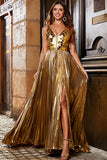 Sparkly A-Line V-Neck Silver Mirror Ball Dress with Slit