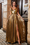 Sparkly A-Line V-Neck Silver Mirror Ball Dress with Slit