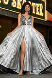 Sparkly A-Line V-Neck Silver Mirror Ball Dress with Slit