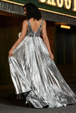 Sparkly A-Line V-Neck Silver Mirror Ball Dress with Slit