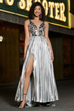 Sparkly A-Line V-Neck Silver Mirror Ball Dress with Slit