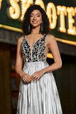 Sparkly A-Line V-Neck Silver Mirror Ball Dress with Slit
