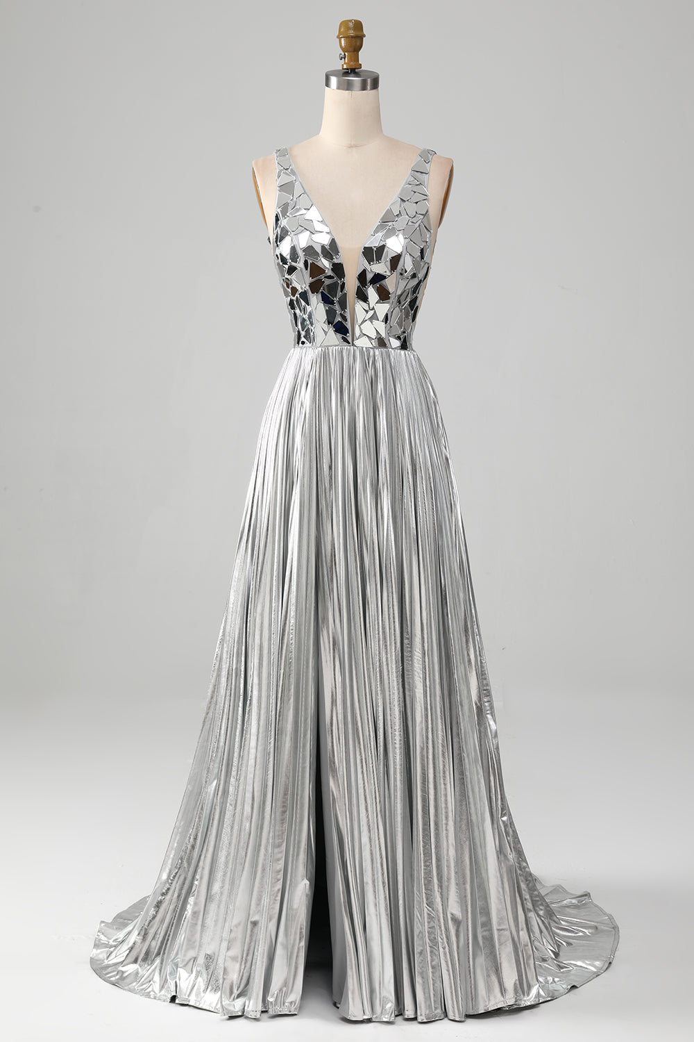 Sparkly A-Line V-Neck Silver Mirror Ball Dress with Slit