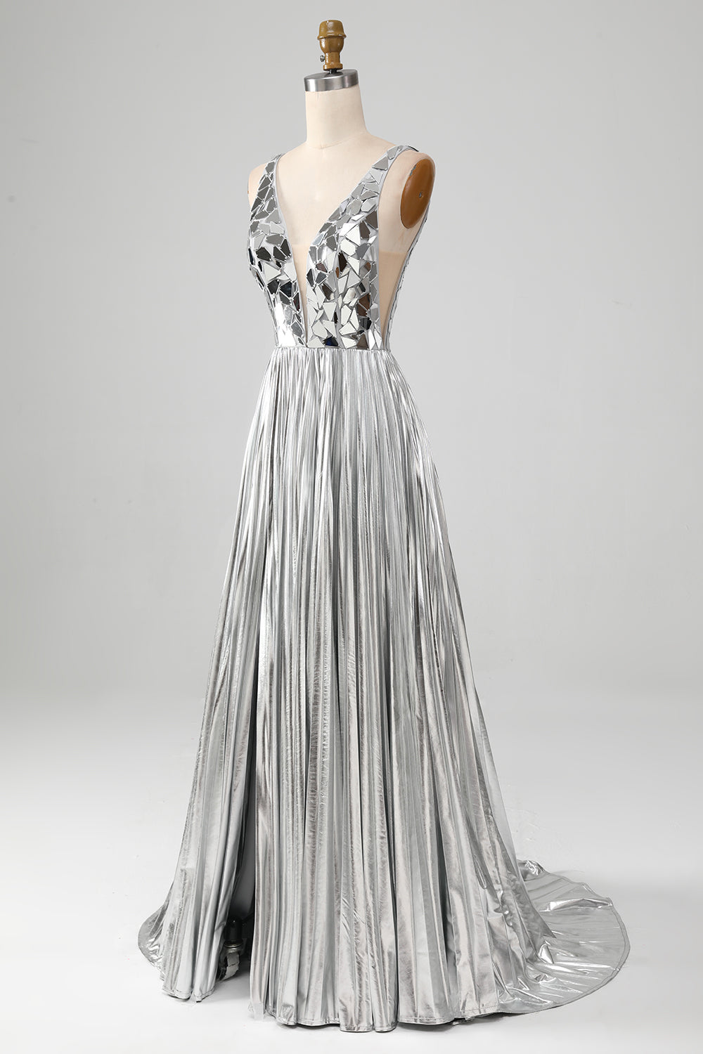 Sparkly A-Line V-Neck Silver Mirror Ball Dress with Slit