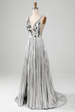 Sparkly A-Line V-Neck Silver Mirror Ball Dress with Slit