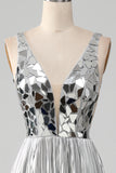 Sparkly Silver A-Line V-Neck Long Ball Dress with Slit
