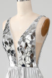 Stunning A Line V-Neck Golden Long Ball Dress with Split Front