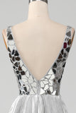 Stunning A Line V-Neck Golden Long Ball Dress with Split Front
