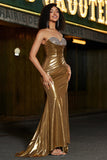 Sparkly Golden Mermaid Strapless Long Beaded Ball Dress with Slit