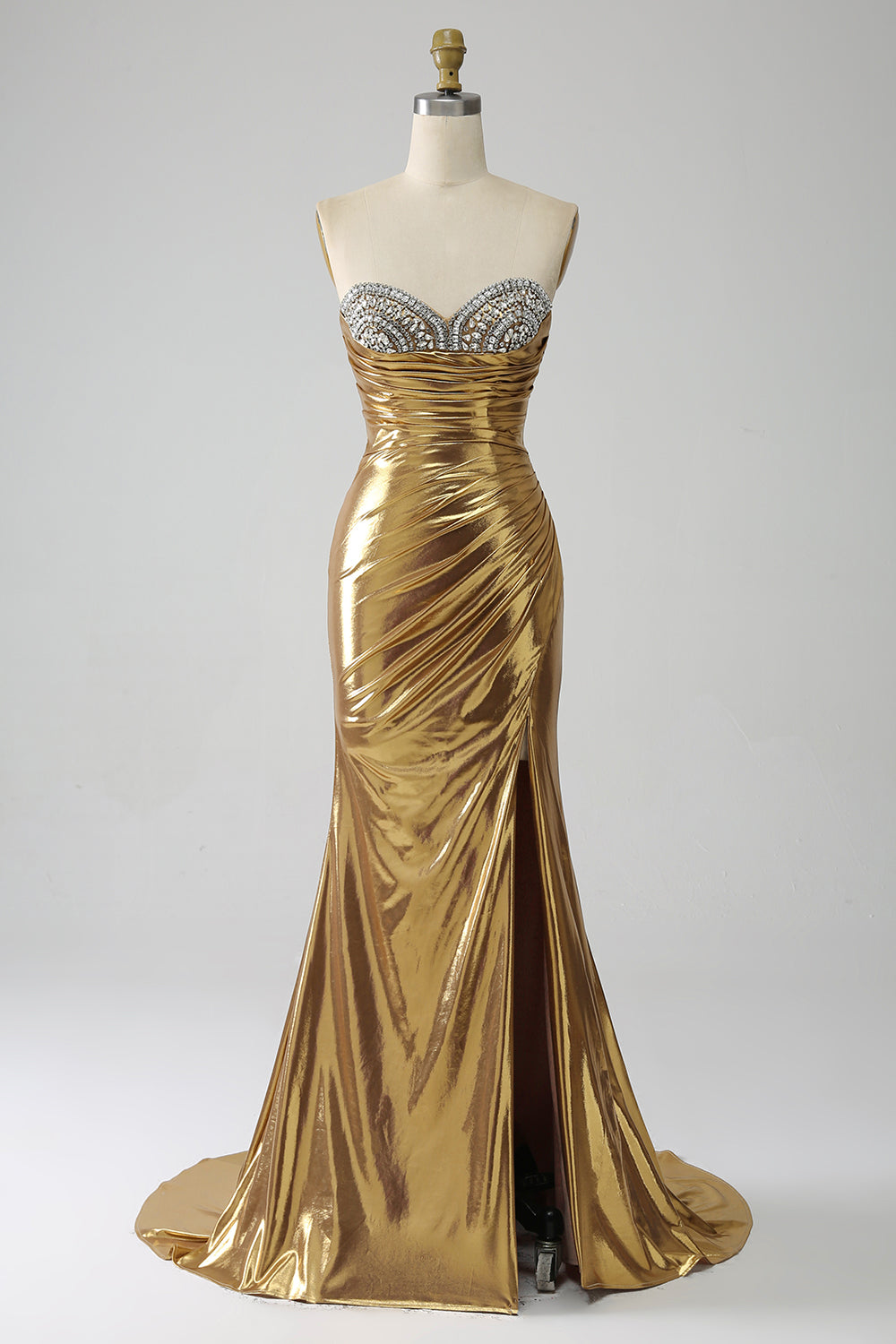 Golden Mermaid Strapless Long Ball Dress with Slit