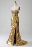 Golden Mermaid Strapless Long Ball Dress with Slit