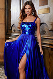 Sparkly A Line Royal Blue Long Ball Dress with Criss Cross Back