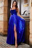 Sparkly A Line Royal Blue Long Ball Dress with Criss Cross Back