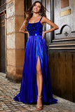 Sparkly A Line Royal Blue Long Ball Dress with Criss Cross Back