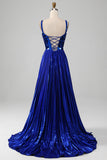 Sparkly Royal Blue Lace-Up Back Ball Dress with Slit