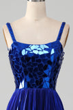 Sparkly Royal Blue Lace-Up Back Ball Dress with Slit