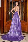 Glitter Purple A-Line V Neck Pleated Metallic Long Ball Dress with Slit