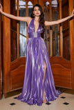 Glitter Purple A-Line V Neck Pleated Metallic Long Ball Dress with Slit