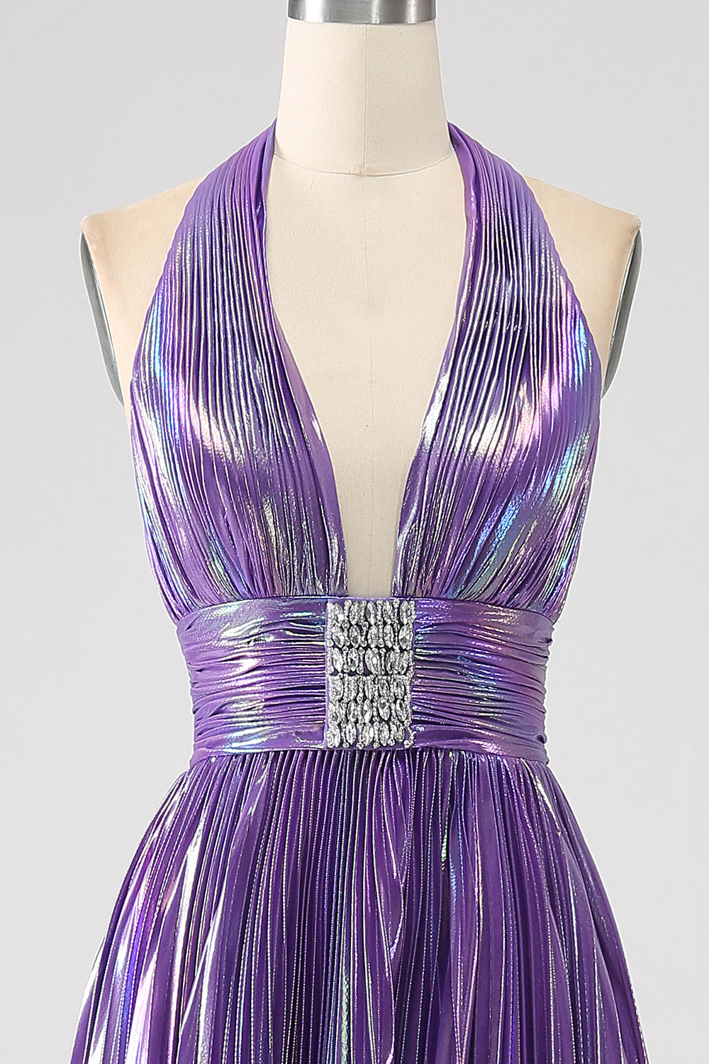 Glitter Purple A-Line Pleated Metallic Long Ball Dress with Slit