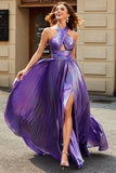 Stunning A Line Halter Neck Purple Long Ball Dress with Keyhole Split Front