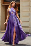 Stunning A Line Halter Neck Purple Long Ball Dress with Keyhole Split Front