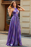 Stunning A Line Halter Neck Purple Long Ball Dress with Keyhole Split Front