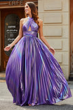 Stunning A Line Halter Neck Purple Long Ball Dress with Keyhole Split Front